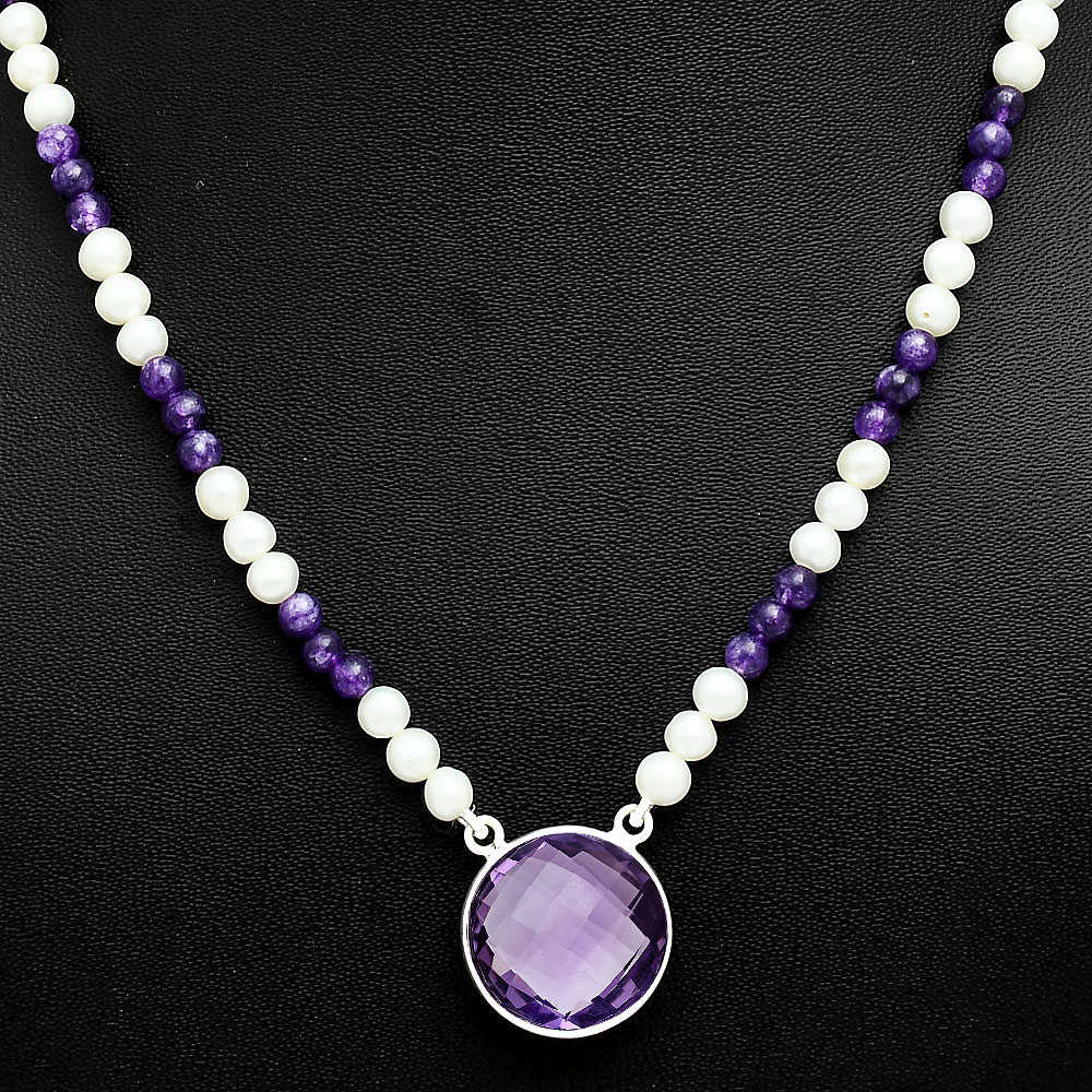 Amethyst Briolette & Pearl Beaded Necklace 11-EN10026 N-1027, 18x18 mm