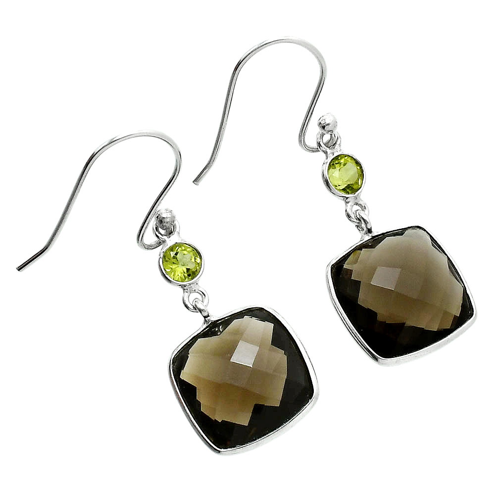 Smoky Quartz Checker Briolette & Peridot Earrings 17-EE10201 E-1002, 12x12 mm