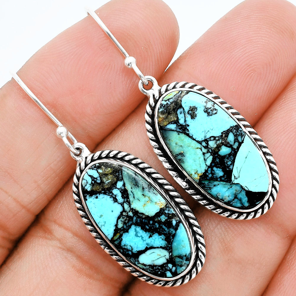 Lucky Charm Tibetan Turquoise Earrings 33-EE10340 E-1055, 11x22 mm