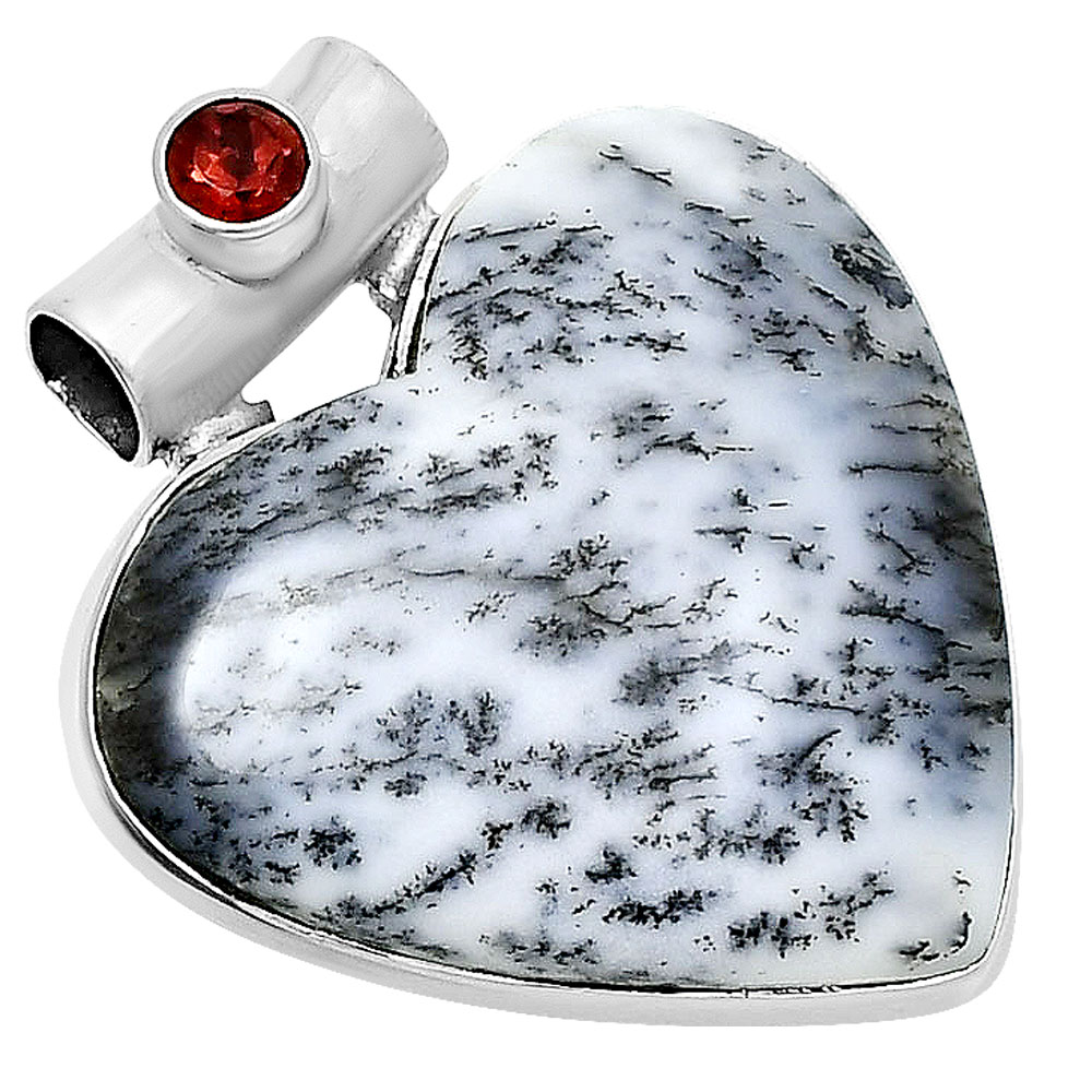 Heart Merlinite Dendritic Opal & Garnet Pendant 58-EP10822 P-1300, 27x29 mm