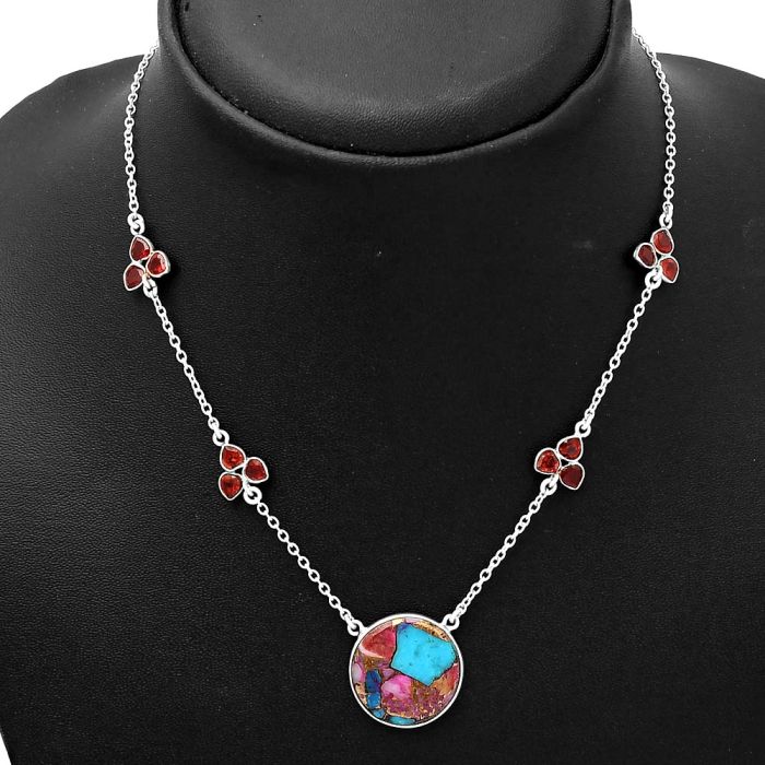 Kingman Pink Dahlia Turquoise & Garnet Necklace SDN1518 N-1004, 18x18 mm