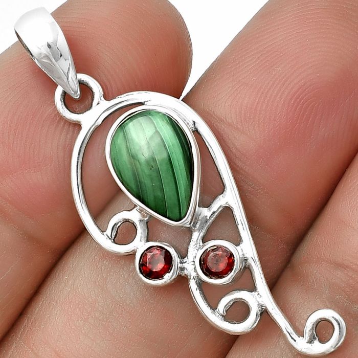 Malachite Eye and Garnet Pendant SDP139327 P-1039, 7x11 mm